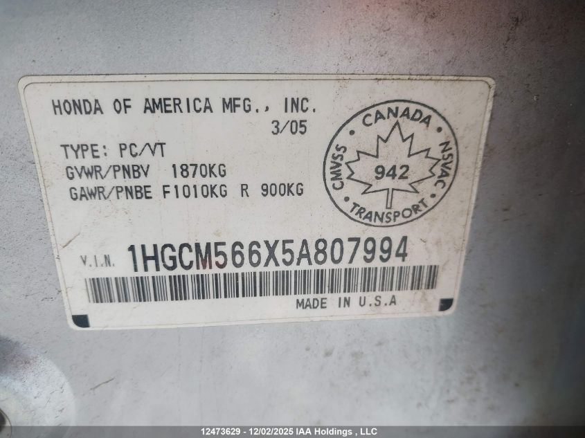 2005 Honda Accord Ex-L VIN: 1HGCM566X5A807994 Lot: 12473629