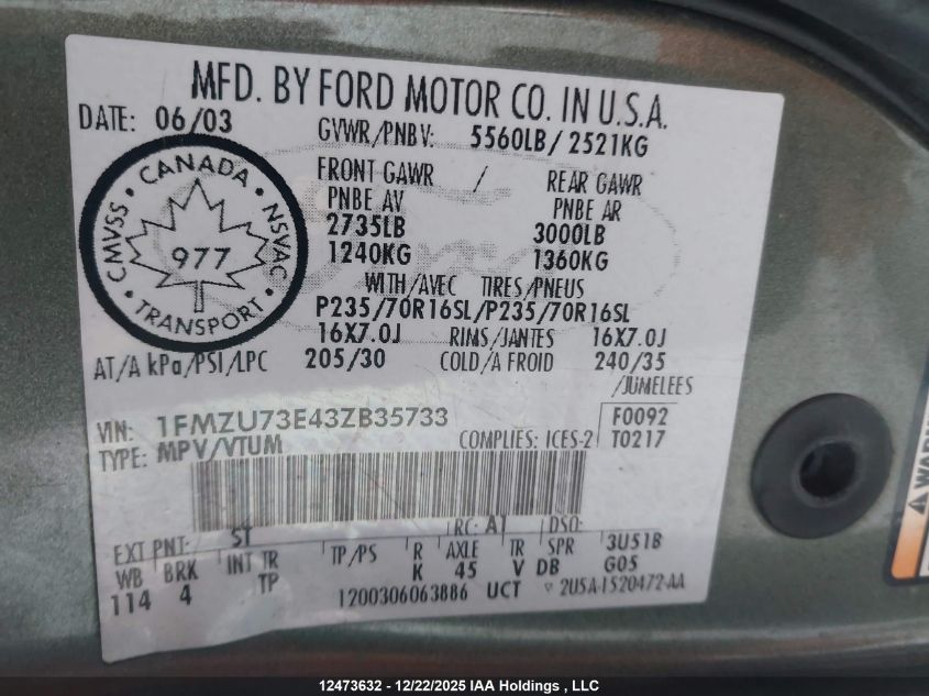 2003 Ford Explorer VIN: 1FMZU73E43ZB35733 Lot: 12473632