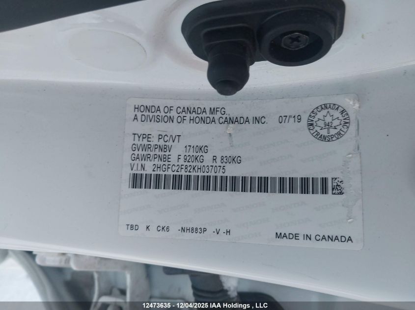 2019 Honda Civic VIN: 2HGFC2F82KH037075 Lot: 12473635