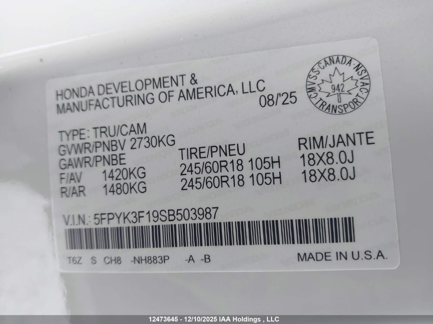 2025 Honda Ridgeline Sport VIN: 5FPYK3F19SB503987 Lot: 12473645