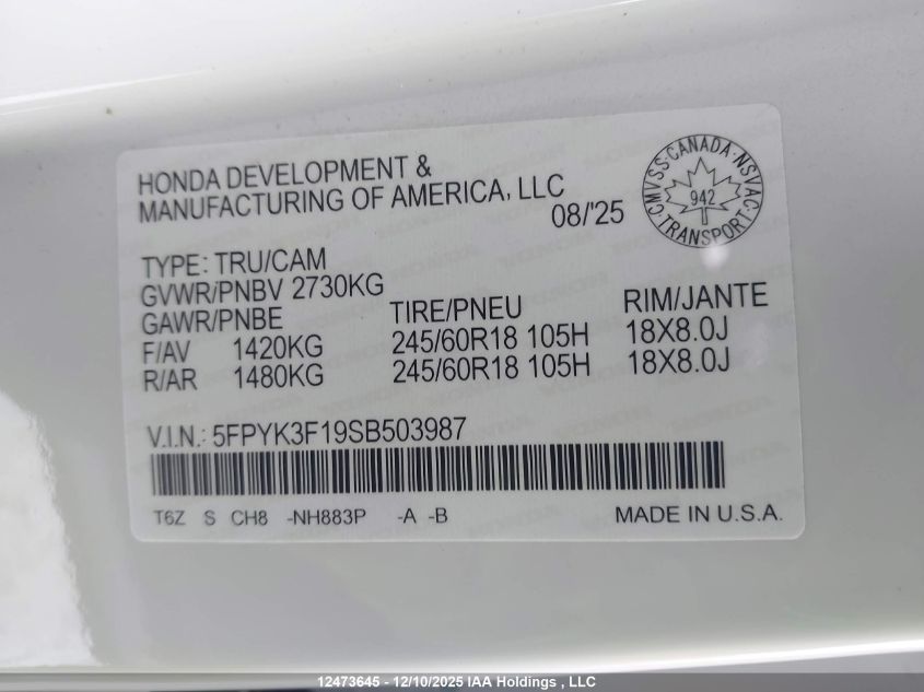 2025 Honda Ridgeline Sport VIN: 5FPYK3F19SB503987 Lot: 12473645