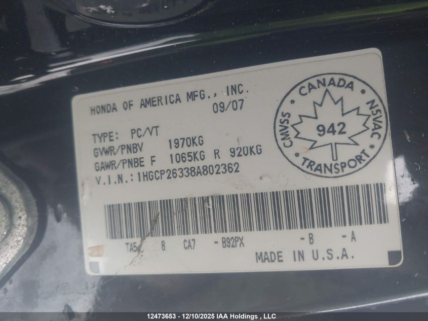 2008 Honda Accord Lx VIN: 1HGCP26338A802362 Lot: 12473653