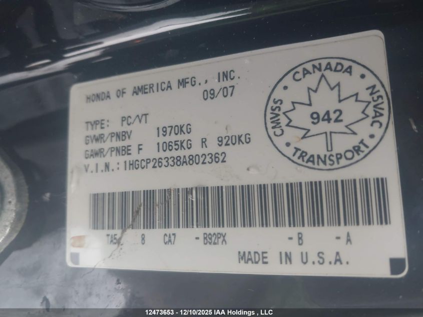 2008 Honda Accord Lx VIN: 1HGCP26338A802362 Lot: 12473653