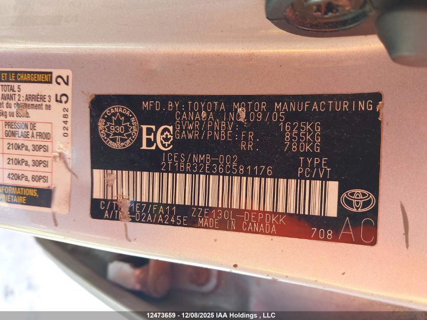 2006 Toyota Corolla Ce/Le/S VIN: 2T1BR32E36C581176 Lot: 12473659