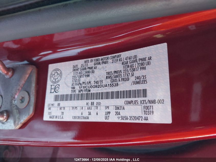 2013 Ford Escape Se VIN: 1FMCU0G92DUA15535 Lot: 12473664