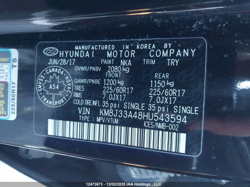 2017 Hyundai Tucson VIN: KM8J33A48HU543594 Lot: 12473673