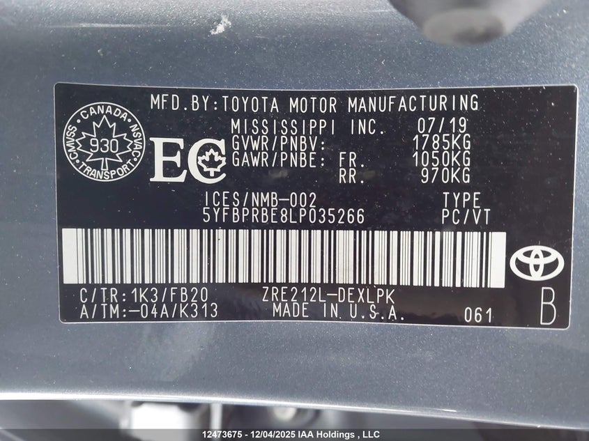 5YFBPRBE8LP035266 2020 TOYOTA COROLLA photo no. 9