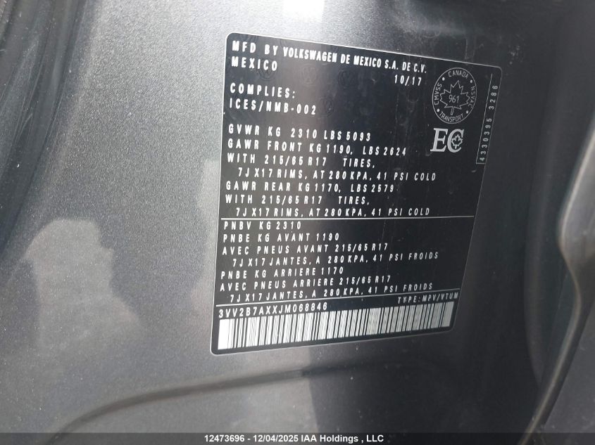2018 Volkswagen Tiguan Se/Sel VIN: 3VV2B7AXXJM068846 Lot: 12473696