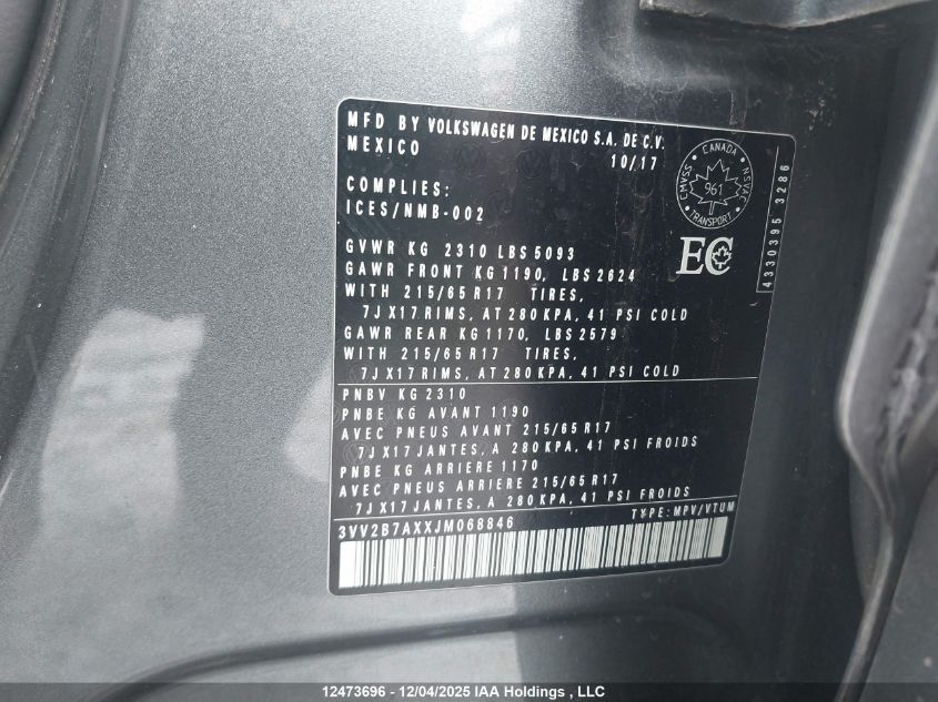 2018 Volkswagen Tiguan Se/Sel VIN: 3VV2B7AXXJM068846 Lot: 12473696
