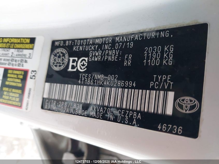 2019 Toyota Camry Xse VIN: 4T1B61HK4KU286994 Lot: 12473703