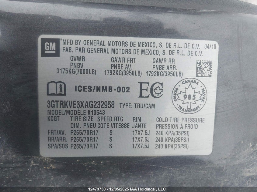 3GTRKVE3XAG232958 2010 GMC SIERRA photo no. 9