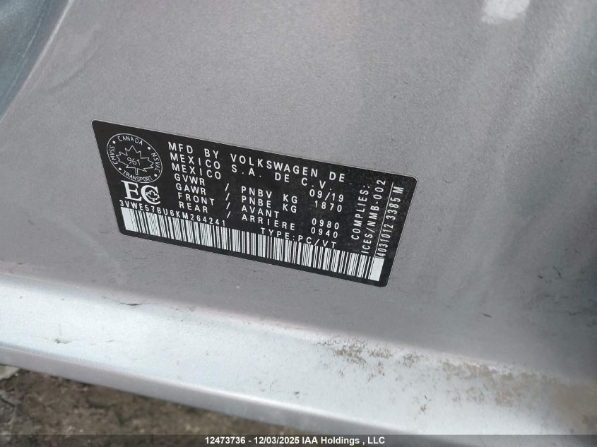 2019 Volkswagen Jetta Sel VIN: 3VWE57BU6KM264241 Lot: 12473736