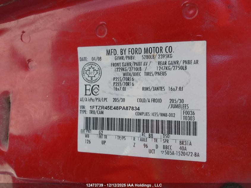 2008 Ford Ranger Super Cab VIN: 1FTZR45E48PA87834 Lot: 12473739