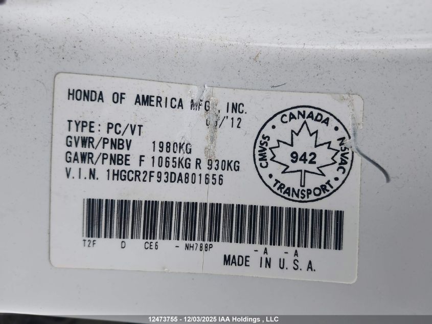 2013 Honda Accord Touring VIN: 1HGCR2F93DA801656 Lot: 12473755