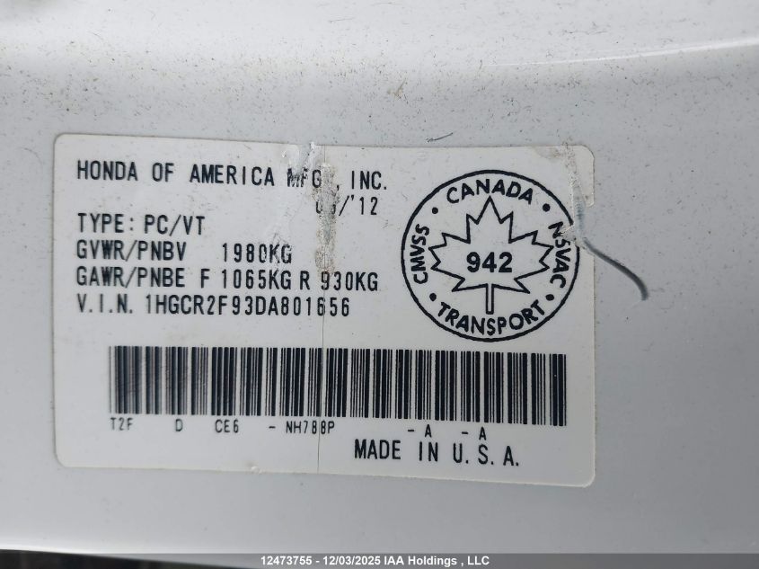 2013 Honda Accord Touring VIN: 1HGCR2F93DA801656 Lot: 12473755