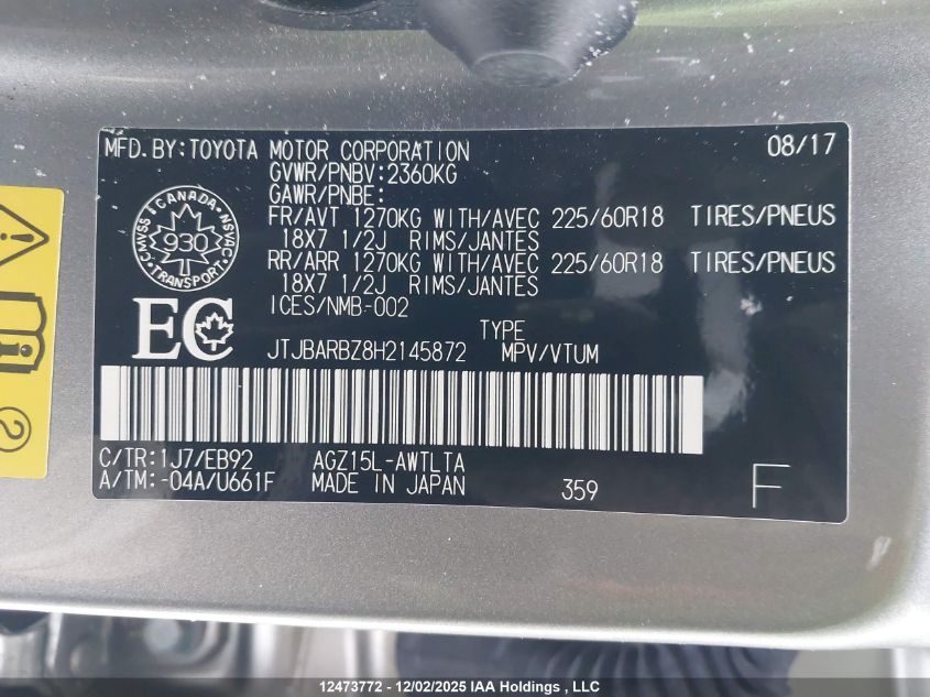 2017 Lexus Nx 200T/Base/F Sport VIN: JTJBARBZ8H2145872 Lot: 12473772