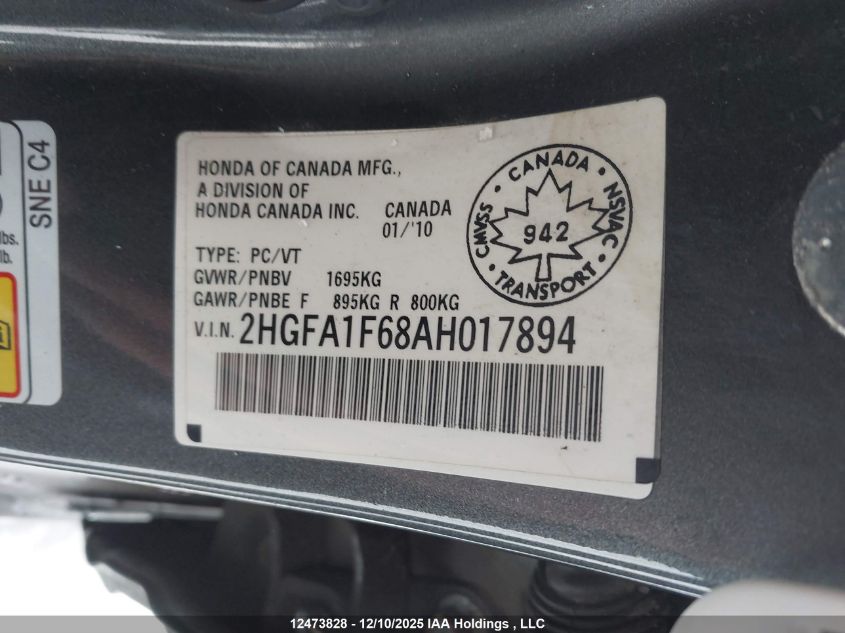 2010 Honda Civic Sport VIN: 2HGFA1F68AH017894 Lot: 12473828