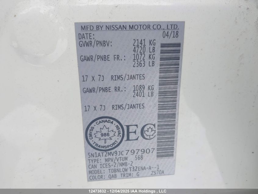 2018 Nissan Rogue Sv/Sl VIN: 5N1AT2MV9JC797907 Lot: 12473832