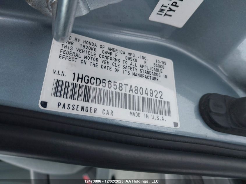 1996 Honda Accord Ex/Ex-R VIN: 1HGCD5658TA804922 Lot: 12473886