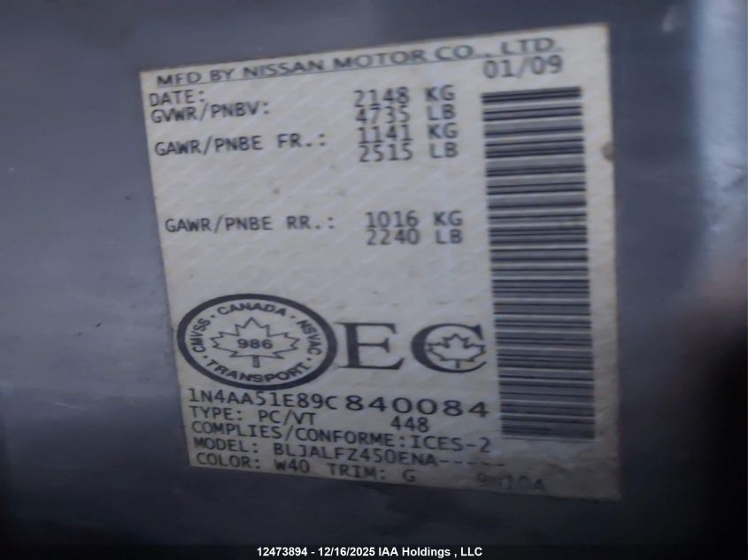 2009 Nissan Maxima 3.5 S VIN: 1N4AA51E89C840084 Lot: 12473894
