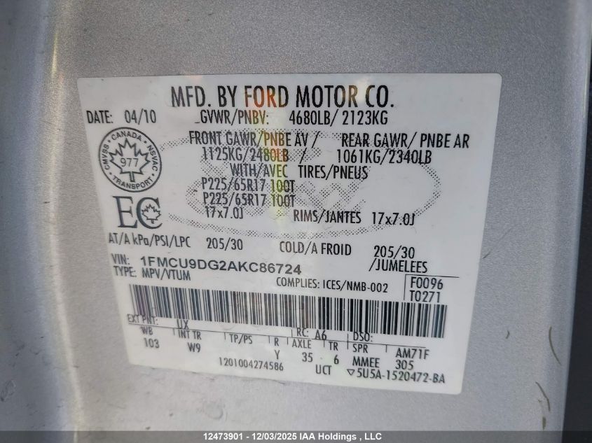 2010 Ford Escape Xlt VIN: 1FMCU9DG2AKC86724 Lot: 12473901