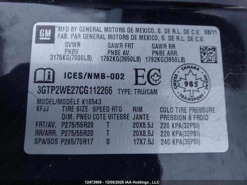 3GTP2WE27CG112266 2012 GMC SIERRA photo no. 9