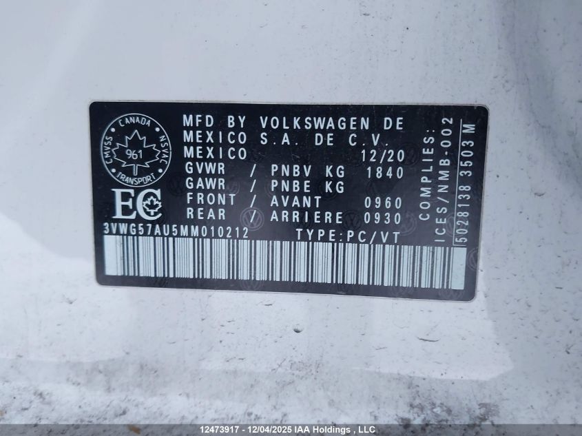 2021 Volkswagen Golf Comfortline/Highline VIN: 3VWG57AU5MM010212 Lot: 12473917