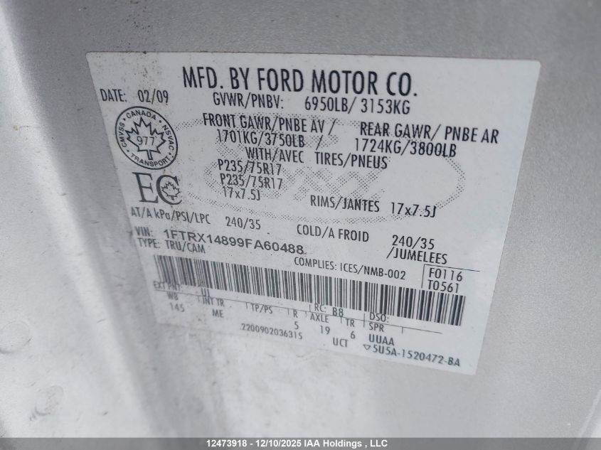 2009 Ford F150 Super Cab VIN: 1FTRX14899FA60488 Lot: 12473918