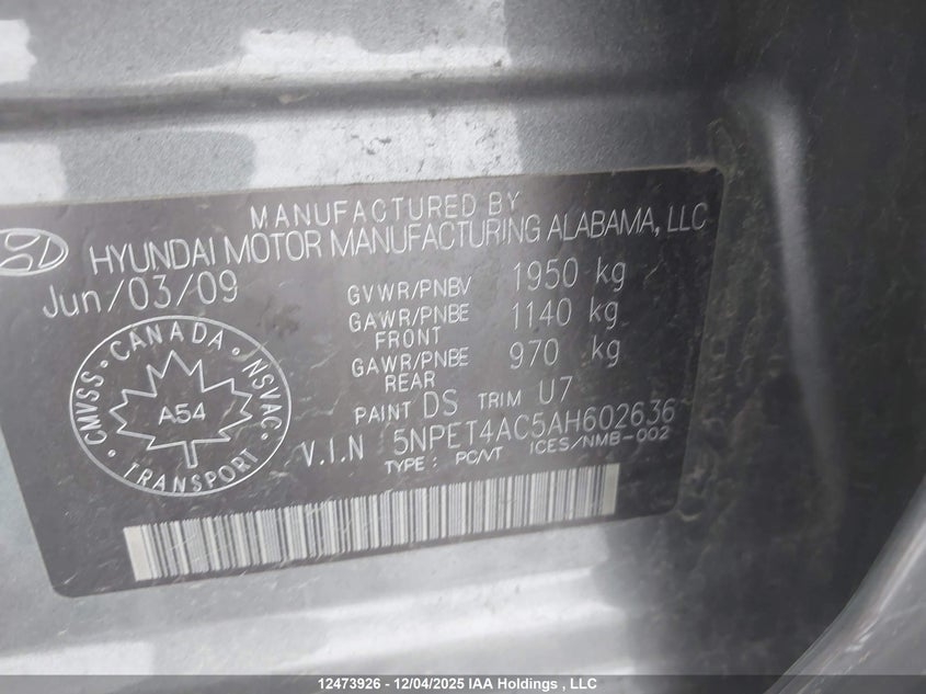 5NPET4AC5AH602636 2010 HYUNDAI SONATA photo no. 9