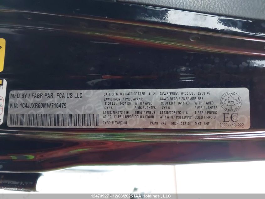 2021 Jeep Wrangler 4Xe Unlimited Rubicon VIN: 1C4JJXR60MW716479 Lot: 12473927