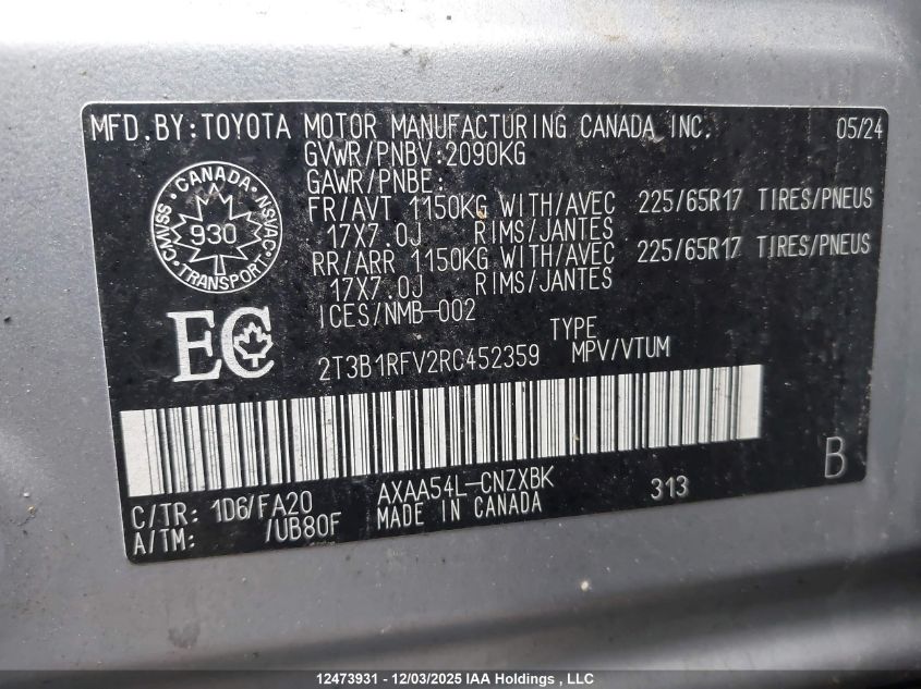 2024 Toyota Rav4 Le VIN: 2T3B1RFV2RC452359 Lot: 12473931