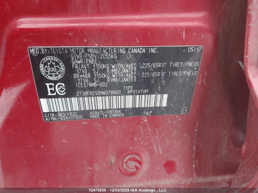 2017 Toyota Rav4 Le VIN: 2T3ZFREV0HW378860 Lot: 12473935