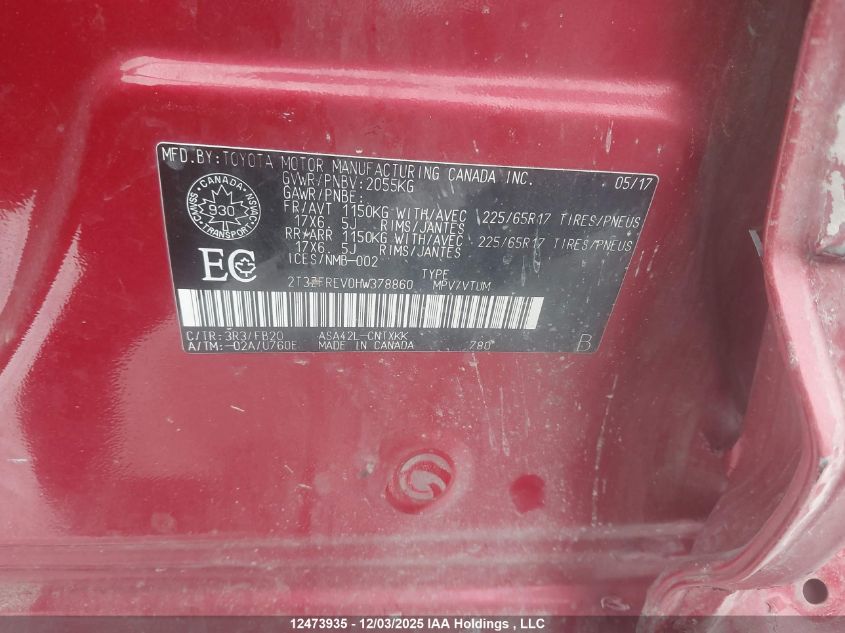 2017 Toyota Rav4 Le VIN: 2T3ZFREV0HW378860 Lot: 12473935