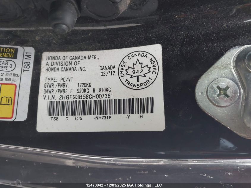 2012 Honda Civic Cpe VIN: 2HGFG3B58CH007361 Lot: 12473942