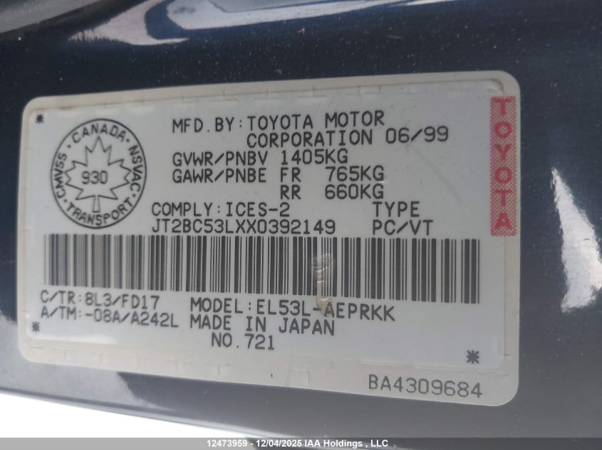 1999 Toyota Tercel Ce VIN: JT2BC53LXX0392149 Lot: 12473959