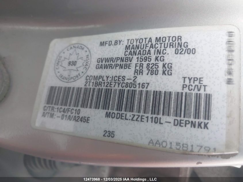 2000 Toyota Corolla Ce/Le VIN: 2T1BR12E7YC805167 Lot: 12473968