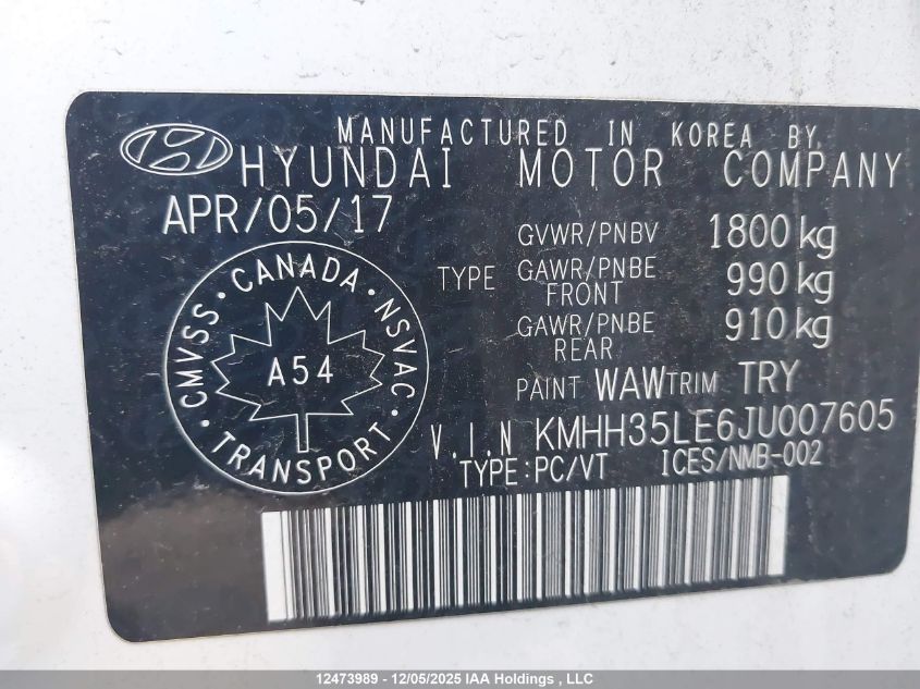 2018 Hyundai Elantra VIN: KMHH35LE6JU007605 Lot: 12473989