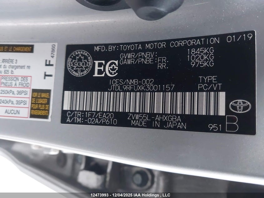 JTDL9RFUXK3001157 2019 TOYOTA PRIUS photo no. 9
