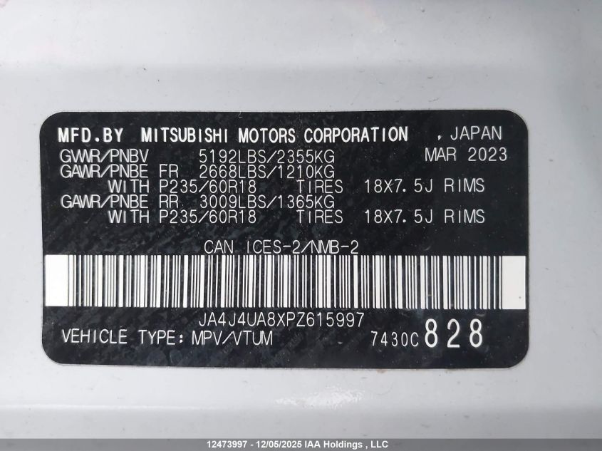 2023 Mitsubishi Outlander VIN: JA4J4UA8XPZ615997 Lot: 12473997