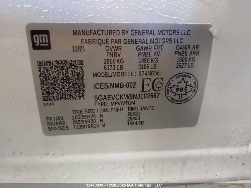 2022 Buick Enclave Avenir VIN: 5GAEVCKW9NJ102667 Lot: 12473999