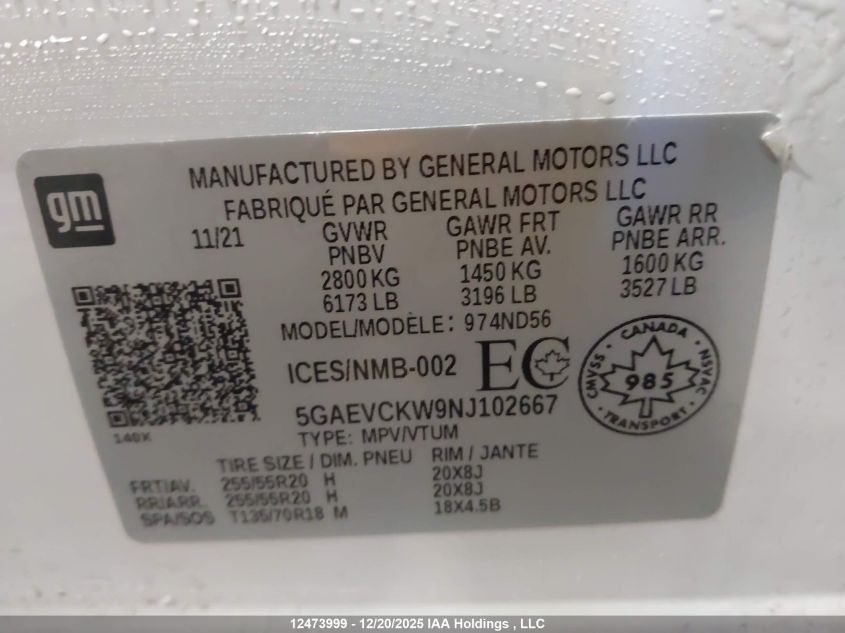 2022 Buick Enclave Avenir VIN: 5GAEVCKW9NJ102667 Lot: 12473999