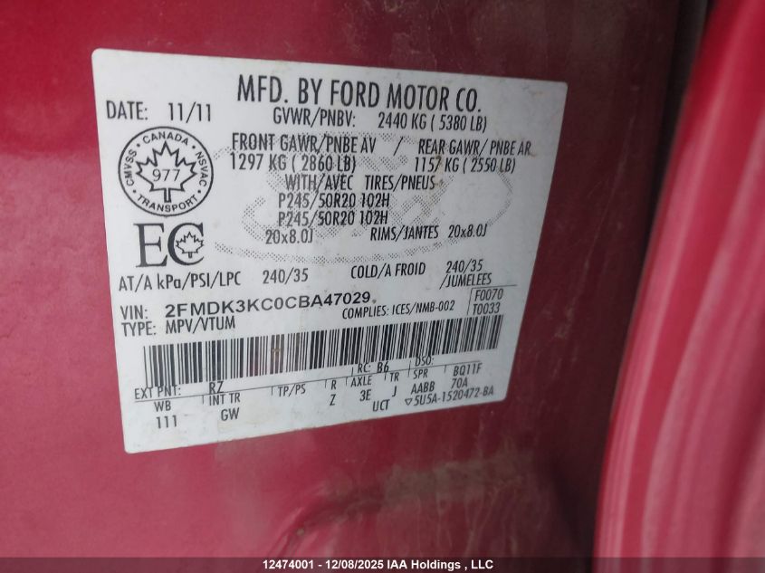 2012 Ford Edge Limited VIN: 2FMDK3KC0CBA47029 Lot: 12474001