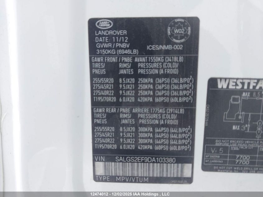 2013 Land Rover Range Rover Supercharged VIN: SALGS2EF9DA103380 Lot: 12474012