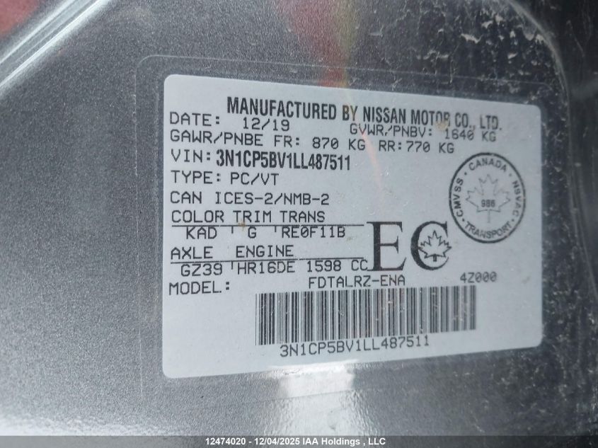 2020 Nissan Kicks S VIN: 3N1CP5BV1LL487511 Lot: 12474020