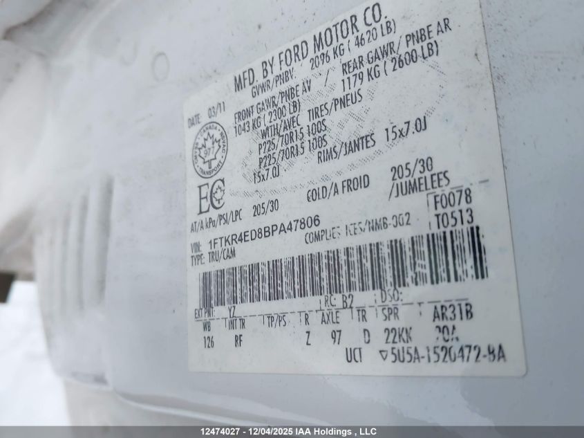 2011 Ford Ranger Super Cab VIN: 1FTKR4ED8BPA47806 Lot: 12474027