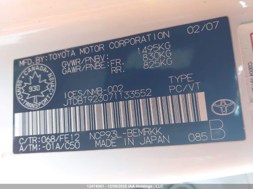 2007 Toyota Yaris VIN: JTDBT923071133552 Lot: 12474041