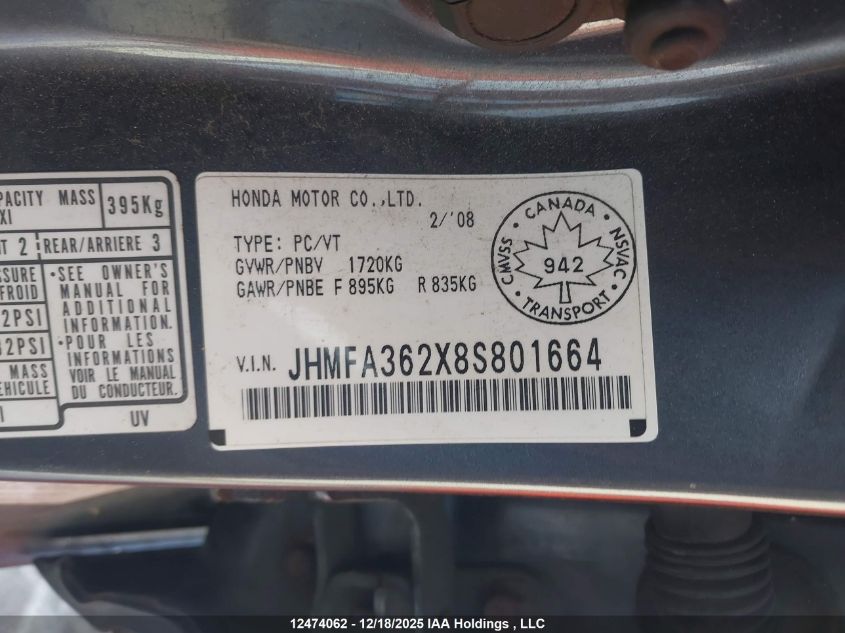 2008 Honda Civic Hybrid VIN: JHMFA362X8S801664 Lot: 12474062
