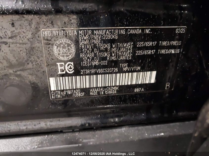 2025 Toyota Rav4 Xle VIN: 2T3R1RFV9SC520726 Lot: 12474071