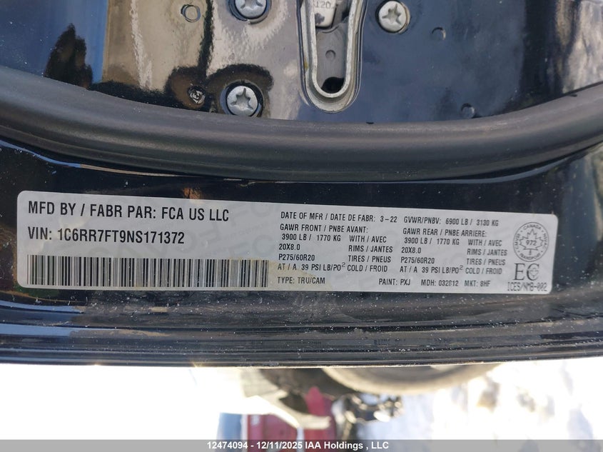 1C6RR7FT9NS171372 2022 DODGE RAM photo no. 9