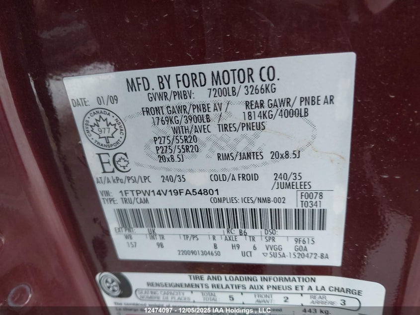 1FTPW14V19FA54801 2009 FORD F-150 photo no. 9